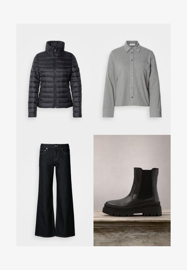 Zwarte pufferjack met hoge kraag, ritssluiting, horizontaal gestikt ontwerp en een gladde textuur. Beschikt over zijzakken en een getailleerde silhoët.; Grijze button-up shirt van soepel materiaal, voorzien van een kraag, lange mouwen, een borstzak en een knoopmanchet met logodetail.; Donkere denim jeans met wijde pijpen, een hoge taille, een ontwerp met vijf zakken en contrasterende gele stiksels langs de naden.; Zwarte leren enkelboot met een chunky zool, elastische zijkanten en een gladde afwerking. Verhoogd ontwerp met contrasterende profieldetails.