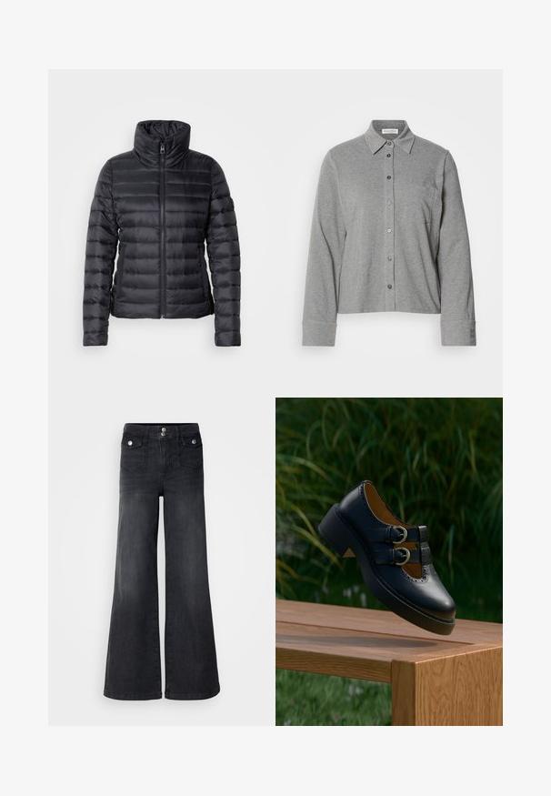 Chaqueta de plumas negra con un alto cuello, cierre de cremallera, diseño acolchado horizontal y textura suave. Cuenta con bolsillos laterales y una silueta ajustada.; Camisa gris de botones hecha de tela suave, con cuello, manga larga, un bolsillo en el pecho y un puño abotonado con detalle del logo.; Pantalones vaqueros de mezclilla negra de pierna ancha con una cintura alta, botones en la parte frontal y dos bolsillos delanteros; textura suave con un ligero acabado desvanecido.; Zapato negro de cuero con doble hebilla y detalles perforados flotando sobre un banco de madera al aire libre con césped verde y plantas al fondo.