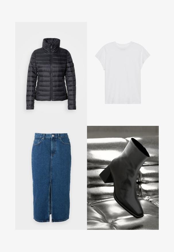 Schwarze Steppjacke mit hohem Kragen, Reißverschluss, horizontalem Steppmuster und glatter Textur. Verfügt über seitliche Taschen und eine figurbetonte Silhouette.; Weißes kurzärmliges T-Shirt mit Rundhalsausschnitt, lockerer Passform, aus weichem Baumwollstoff. Glatte Textur, keine Muster oder Logos.; Midilanger blauer Denimrock mit mittigem Frontschlitz, Gürtelschlaufen, Vordertaschen und Knopfverschluss in der Taille.; Schwarzer Knöchelstiefel aus glänzendem Material mit quadratischer Zehenform und verjüngtem Absatz, vor einem glänzenden silbernen gepolsterten Hintergrund.