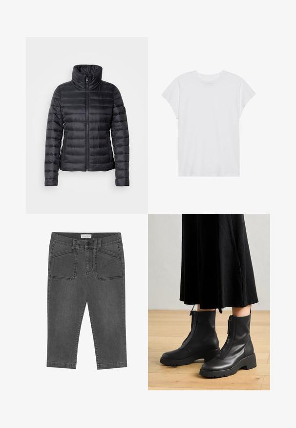 Doudoune noire avec col montant, fermeture éclair, design matelassé horizontal et texture lisse. Dispose de poches latérales et d'une silhouette ajustée.; T-shirt blanc à manches courtes, col rond, coupe décontractée, en tissu de coton doux. Texture lisse, sans motifs ni logos.; Pantalons capri en denim gris au design ajusté, avec poches avant, fermeture à bouton et une texture légèrement usée.; Bottines en cuir noir avec une semelle plateforme épaisse et une fermeture éclair à l'avant. Texture lisse avec un design minimaliste.