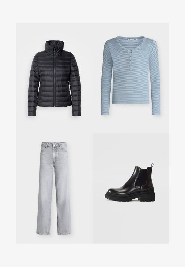 Sort pufferjakke med høj krave, lynlås lukning, horisontal quiltet design og glat tekstur. Har sidelommer og en tætsiddende silhuet.; Blå og hvide vandrette stribede langærmet henley-skjorte med fire knapper og en rundet V-udskæring.; Lysegrå denimjeans med vide ben, høj talje, fem lommer, knaplukning foran og rå kant detalje. Glat tekstur med minimal falmning.; Tamaris Støvletter - merlot
