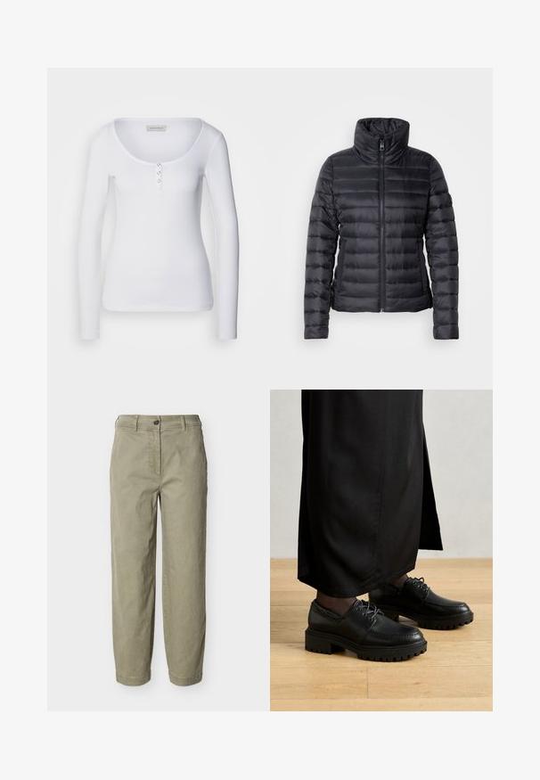 Doudoune noire avec col montant, fermeture éclair, design matelassé horizontal et texture lisse. Dispose de poches latérales et d'une silhouette ajustée.; Haut à manches longues blanc avec un décolleté en scoop, texture côtelée et trois accents de boutons argentés sur le plastron avant.; Pantalon droit couleur kaki clair avec passants pour ceinture, fermeture par bouton et braguette zippée, présenté sur un fond uni.; Chaussures en cuir noir avec un bout arrondi, une semelle en caoutchouc épaisse et des lacets. Le design présente des coutures décoratives le long de la tige.