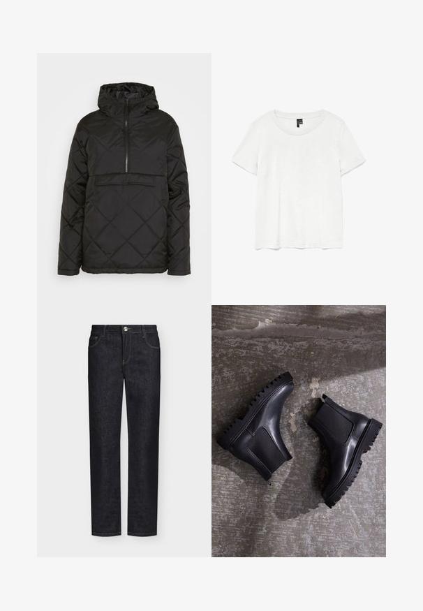 Denim Project WAURORA JACKET - Overgangsjakke - black; Hvid kortærmet t-shirt med rund halsudskæring, lavet af letvægtsstof. Enkel design, glat tekstur og lige kant.; Sorte jeans med lige ben, forlommer, bæltestropper og knaplukning på en ensfarvet baggrund.; Sorte ankelstøvler med en kraftig sål, elastiske paneler og en glat læderfinish. Markant ribbet ydersål og slank silhuet.