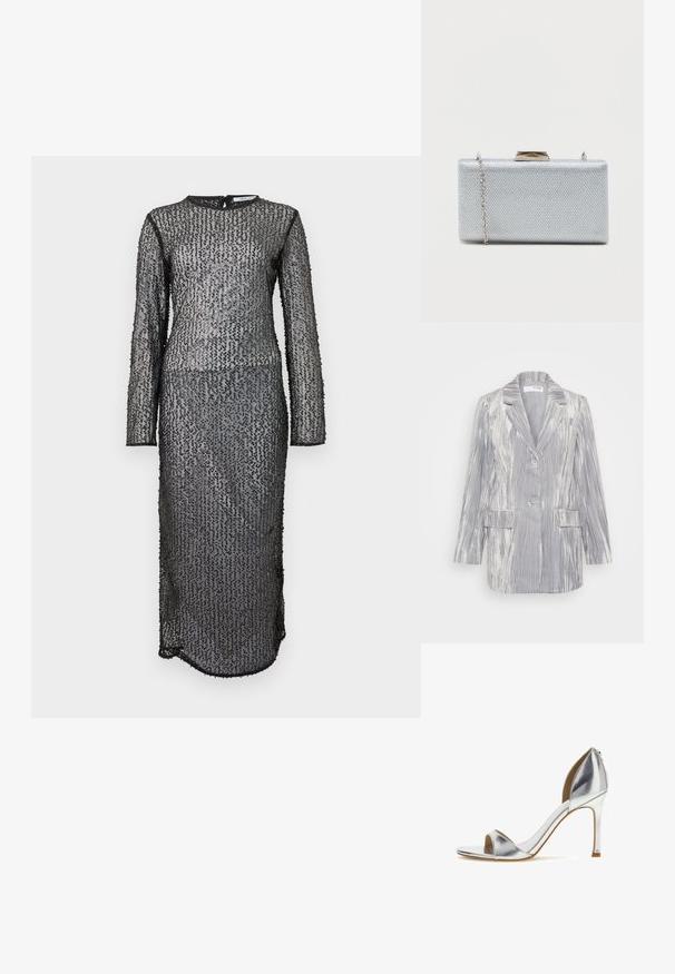 Blazer rayé argenté avec revers en notch, fermeture à bouton unique, deux poches avant et tissu texturé. Coupe légèrement oversize.; Robes noires à manches longues, longue jusqu'au sol, avec un tissu texturé et transparent comportant des sequins dans un motif géométrique et une fermeture éclair au dos.; Sandale à talon haut métallisé argent avec bout ouvert, bride à la cheville et talon aiguille fin sur fond blanc.; Clutch rectangulaire en argent fabriqué en tissu métallique texturé, avec une fermeture à fermoir et une chaîne amovible pour le transport.