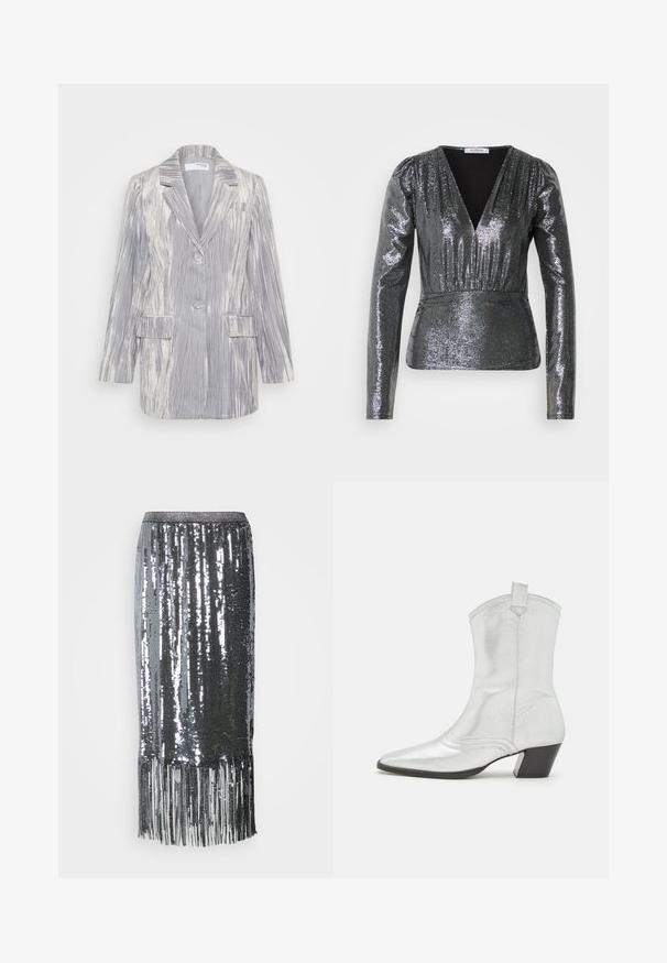 Blazer plateado a rayas con solapas de muesca, cierre de un solo botón, dos bolsillos frontales y tejido texturizado. Ajuste ligeramente oversize.; Blusa larga de manga larga en plata brillante con un escote en V profundo, cintura fruncida y textura suave. La superficie reflectante resalta la forma de la prenda.; Falda plateada de lentejuelas, hasta la rodilla, con flecos en la parte inferior, que presenta una cinturilla ajustada y una textura lisa y brillante.; Castañer DIMBA - Botines camperos - plata