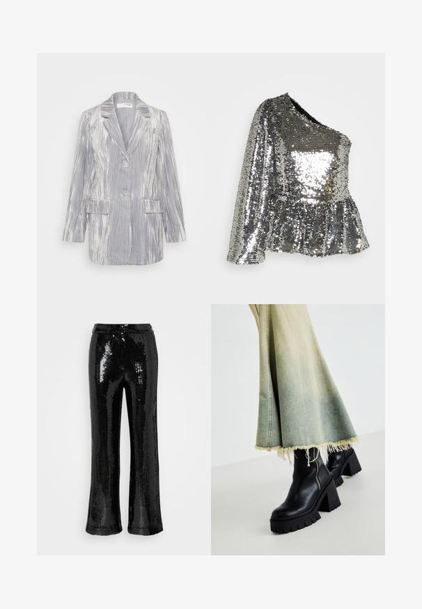 Silber gestreifter Blazer mit Reverskragen, Ein-Knopf-Verschluss, zwei vorderen Taschen und strukturiertem Stoff. Etwas Oversized-Schnitt.; Sofie Schnoor Top - silver-coloured; Samsøe Samsøe AGNETA TROUSERS - Stoffhose - black; Schwarze Leder-Ankle-Boots mit einer groben strukturierten Sohle, kombiniert mit einem verwaschenen Jeansrock mit fransigen Kanten. Reißverschlussdetail an der Seite.