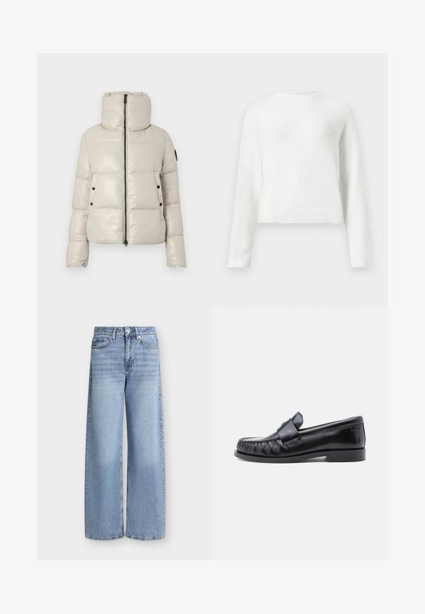 Lys beige polstret jakke med høj krave, frontlynlås og sorte knapdetaljer. Har en glat, skinnende overflade og en cropped design.; Hvid langærmet fuzzy crewneck sweater med en let cropped pasform og tekstureret stof.; Lyseblå vidde jeans med forlommer, bæltestropper, knaplukning og falmede detaljer på lårene.; Sorte læderloafers med rundet tå, karakteristisk syning og en dekorativ rem over vampen. Glat finish og lav hæl.
