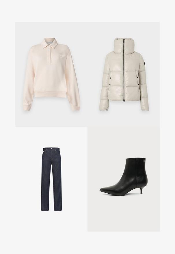 Veste rembourrée beige clair avec un col montant, fermeture éclair à l'avant et accents de boutons noirs. Présente une texture lisse et brillante, ainsi qu'un design court.; Sweatshirt polo rose pâle avec un col, patte de boutonnage à trois boutons et logo de la marque en relief sur la poitrine. Tissu doux, coupe décontractée.; Jean en denim bleu foncé droit avec poches avant, passants de ceinture et fermeture par bouton à la taille.; Bottine en cuir noir avec bout pointu et petit talon kitten sur fond clair, vue côté extérieur.