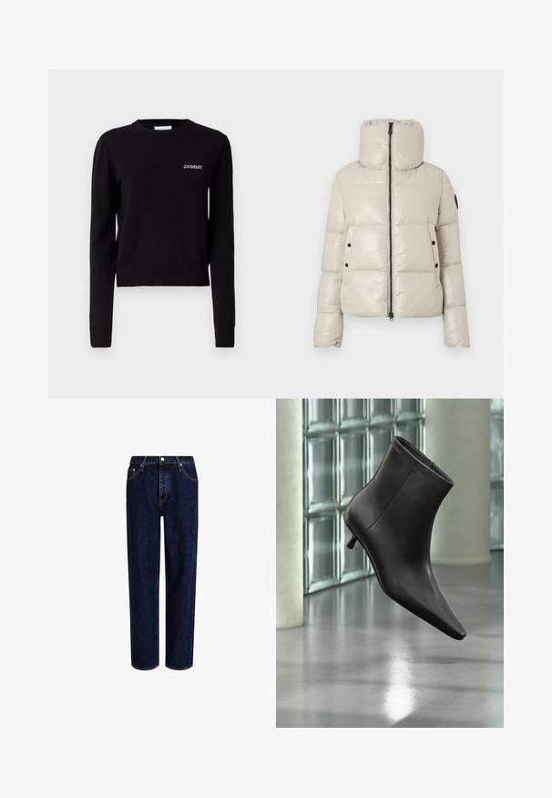 Veste rembourrée beige clair avec un col montant, fermeture éclair à l'avant et accents de boutons noirs. Présente une texture lisse et brillante, ainsi qu'un design court.; Pull en maille noire avec col rond, manches longues et ourlet côtelé. Présente un petit logo blanc sur la poitrine. Texture douce et lisse.; Jeans en denim bleu foncé avec une coupe droite, dotés d'une taille haute, d'un style à cinq poches et de coutures contrastantes. Sans embellissements.; Bottine en cuir noir avec bout pointu et petit talon, présentée devant un mur en blocs de verre et un sol poli.