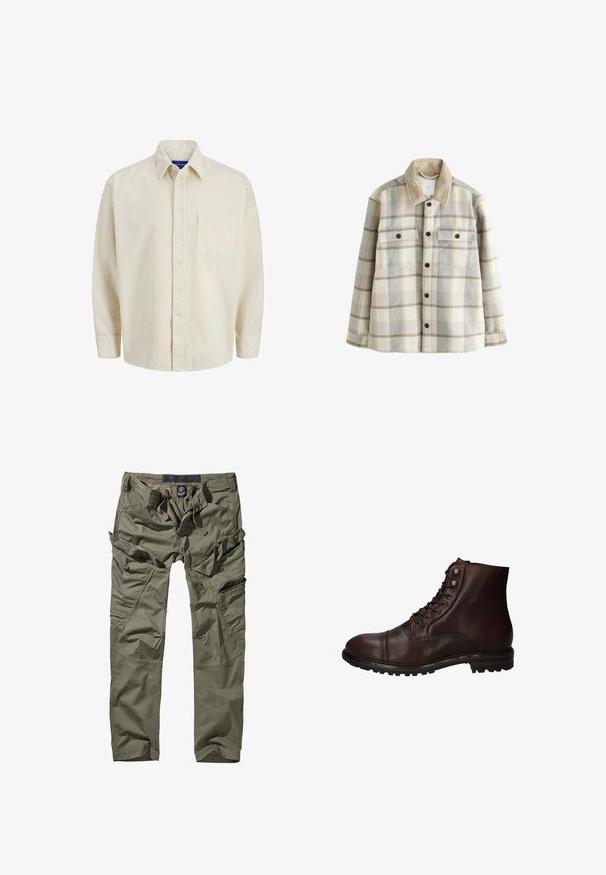 Plaid flannel skjortejakke i creme, grå og beige, med en blød, struktureret krave og to brystlommer med sorte knapper.; Beige corduroy skjorte med knaplukning foran, krave, lange ærmer og en enkelt brystlomme. Har smalle lodrette striber.; Olivengrøn cargo-bukser lavet af bomuld, med flere funktionelle lommer, lynlåsdetaljer og en snøre i taljen for justerbar pasform.; Mørkebrun læder snørebånd ankelstøvle med robuste gummisål og metaløjer, set fra den ydre side.