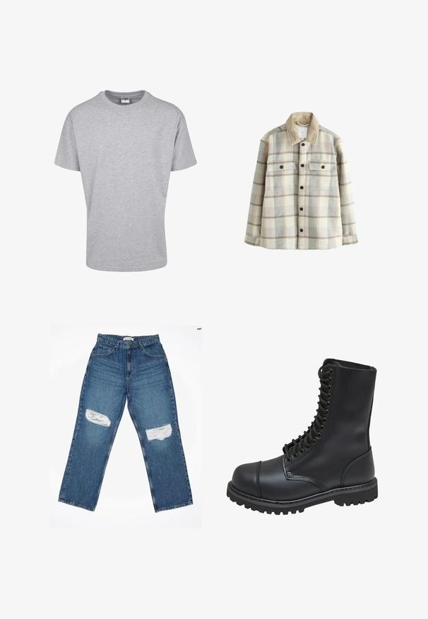 Karierte Flanellhemdjacke in Creme, Grau und Beige, mit einem weichen, strukturierten Kragen und zwei Brusttaschen mit schwarzen Knöpfen.; Graues Baumwoll-T-Shirt mit rundem Halsausschnitt und kurzen Ärmeln. Einfaches Design, keine Muster oder Akzente. Klassischer, lockerer Schnitt.; Hellblaue Denim-Jeans mit geradem Bein, ausgestattet mit zwei aufgerauhten Knie-Patches und klassischem Fünf-Taschen-Design.; Schwarze Lederkampfstiefel mit hohem Schaft, Schnürung an der Vorderseite, gepolstertem Kragen und rutschfester, strukturierter Sohle für guten Halt. Mit verstärkter Zehenkappe.
