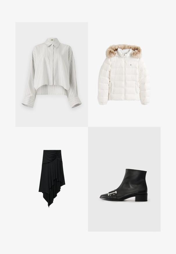 Hvid dunjakke med fuld lynlås foran, to forlommer og hætte foret med lysebrun imiteret pelskant.; Stribet bluse med en cropped design, lavet af let væv. Har knaplukning foran, krave og brede, rullede manchetter. Lys grå og hvid.; Sort asymmetrisk nederdel med rynket detalje ved taljen og lagdelt draperet stof, der skaber en faldende kant.; Sort læderankelstøvle med spids tå, flad hæl og dekorativ metalspænde på siden. Glat tekstur og minimalistisk design.
