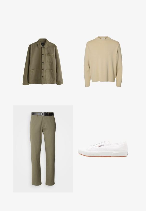 Chaqueta abotonada de color verde oliva con cuello, mangas largas y tres bolsillos delanteros de parche, dos en la parte inferior y uno en el pecho.; Suéter de punto beige con cuello alto, mangas largas y un corte relajado. La tela parece suave con una textura lisa y sin patrones visibles.; Pantalones rectos de color verde oliva, hechos de algodón, con un cinturón de cuero negro, costuras visibles y bolsillos laterales.; Zapatillas de lona blancas con suela de goma, diseño de cordones y una pequeña etiqueta con el logo en el lateral. Parte superior texturizada blanca y suela marrón.