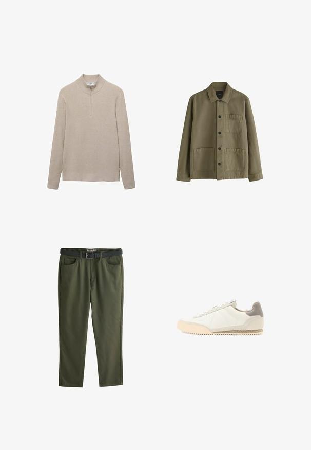 Veste boutonnée vert olive avec col, manches longues et trois poches plaquées à l'avant, deux en bas et une sur la poitrine.; Pull beige côtelé avec un col montant et une fermeture éclair à moitié. Les manches longues et le design ajusté à l'ourlet accentuent l'apparence texturée.; Pantalon vert olive à coupe droite, équipé d'une ceinture noire, de deux poches avant, et d'une texture de tissu lisse.; Baskets en cuir blanc avec un accent en daim tan sur le talon. Elles présentent une semelle en caoutchouc texturée et des lacets blancs plats. Détails de couture sur le panneau latéral.