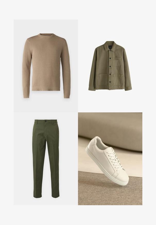 Oliven grøn skjortejakke med krave, lange ærmer og tre fremadvendte lommer, to nederst og en på brystet.; Beige strikket sweater med rund hals, ribbede manchetter og kant, samt struktureret stof, der har en ensfarvet overflade uden mønstre eller accenter.; Olivenfarvede bomuldsbukser med lige ben, der har en forreste knaplukning, sidelommer og minimale syninger.; Hvide lædersneakers med hvide snørebånd, præsenteret på en beige tekstureret overflade og med en blødt uskarp baggrund.