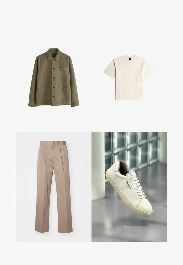Olivgrüne Hemdjacke mit Kragen, langen Ärmeln und drei vorderen aufgesetzten Taschen, zwei unten und eine an der Brust.; Beiges kurzärmeliges T-Shirt mit Rundhalsausschnitt und zwei mit Knöpfen verschlossenen Klappentaschen vorne, flach auf weißem Hintergrund liegend.; Beige, hoch taillierte Hosen mit weit geschnittenem Design. Verfügbar mit zwei Vorderfalten und einer glatten Textur. Standardlänge mit einem sauberen Finish.; Weißer Canvas-Sneaker mit beiger Sohle und Schnürsenkeln, "AllSaints London" Logo an der Seite, schwebend über einem grauen, polierten Boden in der Nähe von Glasblöcken.