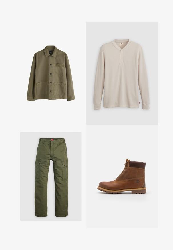 Chaqueta abotonada de color verde oliva con cuello, mangas largas y tres bolsillos delanteros de parche, dos en la parte inferior y uno en el pecho.; Camisa tipo henley de manga larga en tejido acanalado color beige claro, con escote en V,tapeta de tres botones, y mangas con puños. Etiqueta de logo roja en el dobladillo.; Pantalones cargo verde oliva hechos de una tela duradera, con bolsillos laterales, cierre de botón y un diseño de pierna recta.; Botas de senderismo de cuero marrón con un acabado suave, tobillo acolchado, ojales de metal y suela de goma con un patrón de tracción robusto.