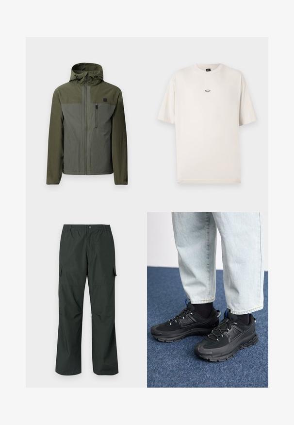 Oliven grøn jakke med hætte, med et tofarvet design, lynlåslukning fortil og brystlomme. Fremstillet af letvægts, tekstureret stof.; Oakley RISE TEE - T-shirts basic - mist; Mørkegrøn cargo bukser med en afslappet pasform, elastisk talje, sydde lommer og en glat, let stofstruktur.; Sorte træningssko med tekstureret stof og gummisåler, udstyret med elastiske snørebånd og en blå detalje på hælen. Bæres med lyse denimbukser.
