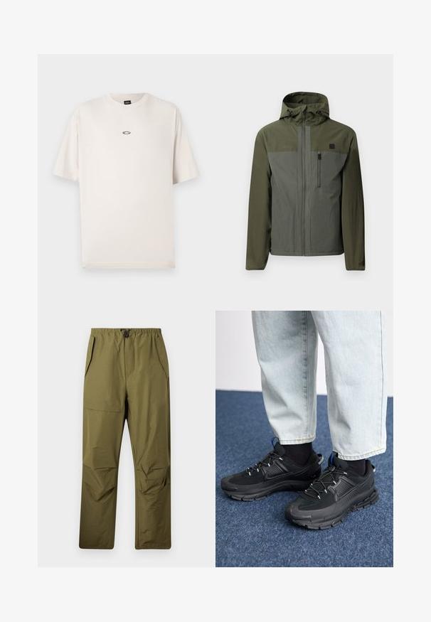 Olijfgroene jas met een capuchon, met een bicolor ontwerp, rits voorkant en borstzak. Gemaakt van lichte, gestructureerde stof.; Oakley RISE TEE - T-shirt basic - mist; Olijfgroene rechte broek met een elastische tailleband en trekkoord, voorzien van zijzakken en een klepzak op de rechterdij.; Zwarte sportschoenen met gestructureerde stof en rubberen zolen, met elastische veters en een blauwe accent op de hiel. Draag samen met lichte spijkerbroeken.