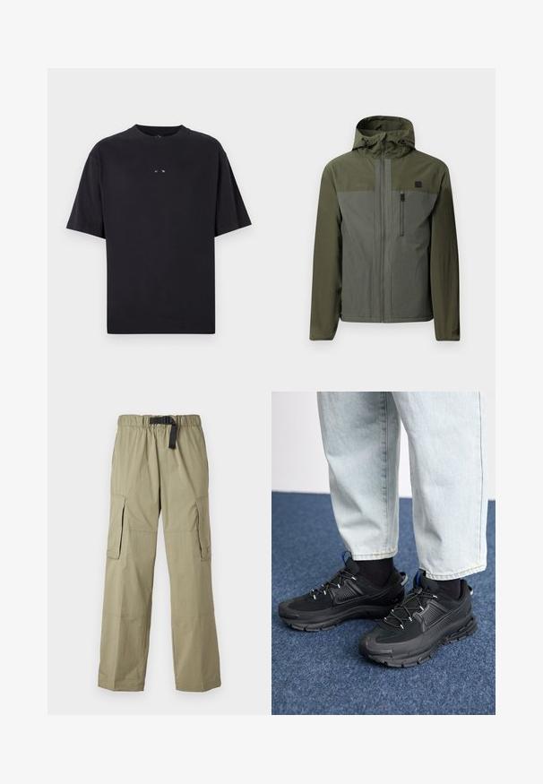 Olivovo zelená bunda s kapucňou, s dvojfarebným dizajnom, so zipsom vpredu a náprsnom vreckom. Vyrobená z ľahkej, textúrovanej tkaniny.; Oakley RISE TEE - Základné tričko - blackout; Svetlozelené cargo nohavice s elastickým pásom a opaskom, majú dve bočné vrecká a hladkú textúru, navrhnuté pre pohodlie a funkčnosť.; Čierne športové topánky s textúrovanou tkaninou a gumovou podrážkou, so elastickými šnúrkami a modrým akcentom na päte. Nosia sa s svetlými riflami.