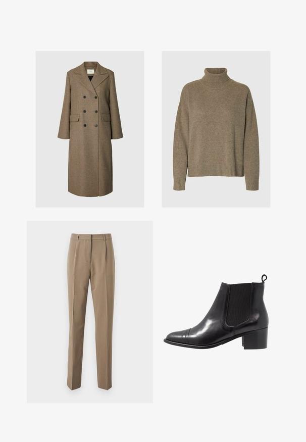 Long manteau en laine marron à double boutonnage, larges revers et deux poches avant à rabat, présenté sur fond gris clair.; Pull à col roulé en tricot marron doux. Il présente des poignets et un ourlet à larges côtes, avec une coupe décontractée et une surface texturée.; Pantalons tailleur marron en tissu lisse, présentant une coupe droite, des plis avant et une taille avec passants de ceinture.; Botte de cheville en cuir noir avec des panneaux élastiques sur les côtés, bout rond et talon en bloc texturé. Dispose d'une languette en boucle à l'arrière pour un enfilage facile.