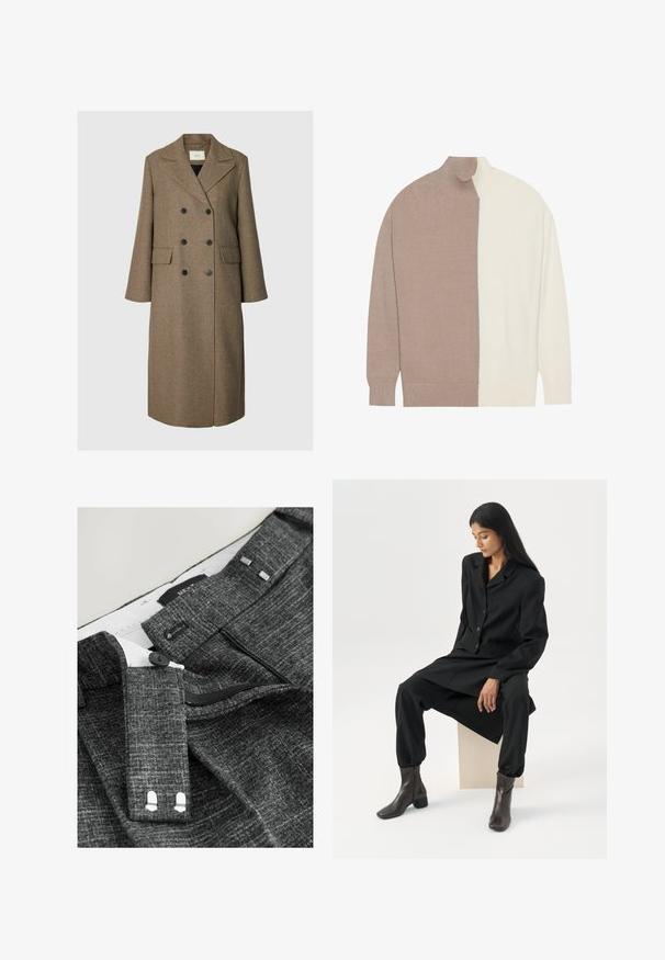 Lang brun dobbeltradet uldfrakke med brede revers og to forlommer med klapper, vist på lysegrå baggrund.; Turtleneck sweater med en farveblokdesign i lys beige og creme, lavet af blødt strikkemateriale, med ribbede manchetter og kant.; Grå strukturerede bukser med knaplukning, lynlås og ekstra kroge, samt sølvfarvede detaljer på taljen og indvendig foring.; Kvinde med langt mørkt hår, siddende iført en løs sort blazer, matchende vidde bukser og mørke ankelstøvler mod en ensfarvet hvid baggrund.