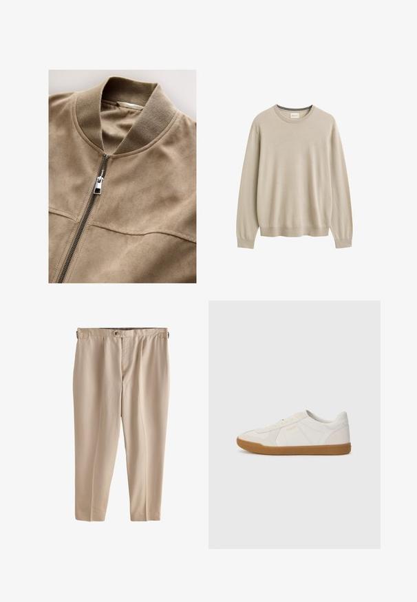 Beige suède bomberjack met kraag, ritssluiting aan de voorkant en twee horizontale zakken. Zachte textuur en gladde afwerking, met minimale stikdetails.; Beige trui met lange mouwen en een ronde hals, geribde manchetten en zoom, effen ontwerp, merklabel binnenin de halslijn.; Beige, lichtgewicht broek met een ontspannen pasvorm, voorzien van plooi en een enkele knoopsluiting in de taille. Soepele textuur, cropped lengte.; Witte sneaker gemaakt van glad leer met een gumrubberen zool, voorzien van eenvoudige stiksels en een klein gouden logo aan de zijkant.