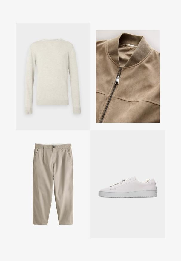 Beige ruskindsbomberjakke med krave, lynlås foran og to vandrette lommer. Blød tekstur og glat finish, med minimale syningsdetaljer.; Beige sweater med lange ærmer og rund halsudskæring, med ribbede manchetter og kant, præsenteret mod en simpel hvid baggrund.; Beige bukser med lige ben, bæltestropper, knap foran, lynlås og skrå sidelommer.; Hvid lædersneaker med lavt snit, hvide snørebånd, flad, tekstureret gummisål og minimal syning, vist fra ydersiden på en hvid baggrund.