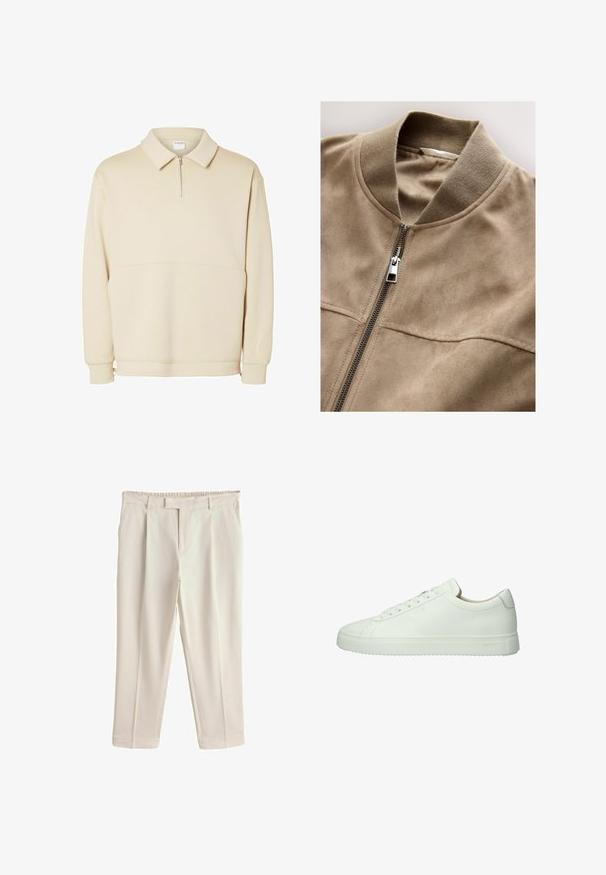 Beige suède bomberjack met kraag, ritssluiting aan de voorkant en twee horizontale zakken. Zachte textuur en gladde afwerking, met minimale stikdetails.; Beige pullover sweatshirt gemaakt van zachte stof, met een ritssluiting bij de hals, een kraag en een ontspannen pasvorm met een eenvoudig horizontaal naaddetail.; Beige rechte broek met ceintuurlussen, voorzakken en een onzichtbare ritssluiting aan de voorkant.; Witte leren sneaker met een gladde textuur, laag profiel, ronde neus en ton-sur-ton veters. Heeft een getextureerde rubberen zool.