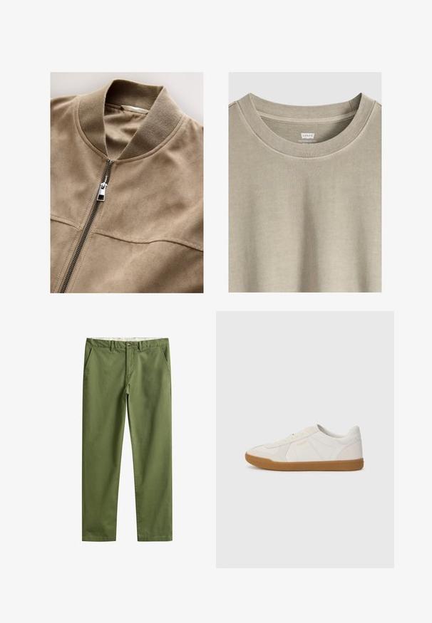 Beige Wildleder-Bomberjacke mit Kragen, Frontreißverschluss und zwei horizontalen Taschen. Weiche Textur und glatte Oberfläche, minimale Nähte.; Beiges Levi's T-Shirt mit Rundhalsausschnitt, sichtbaren Kragennähten und einem bedruckten Etikett im inneren Nackenbereich.; Olivgrüne, gerade geschnittene Hose mit Gürtelschlaufen, vorderem Knopf, Reißverschluss und seitlichen Taschen.; Weiße Sneaker aus glattem Leder mit einer Sohle aus Gummi, ausgestattet mit einfachen Nähten und einem kleinen goldenen Logo an der Seite.