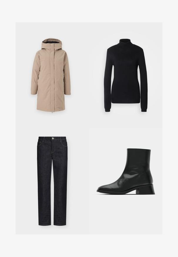 Beige pitkä parka-takki hupulla, jossa on yksinkertainen muotoilu, täysi etuvetoketju ja sileä pinta. Sopii kylmiin sääolosuhteisiin.; Musta poolneule, joka on valmistettu pehmeästä neulekankaasta. Se on pitkähihainen ja hyvin istuva, jossa on ribbollinen kaulus ja vyötärö.; Suorat mustat farkut, joissa on etutaskut, vyölenkit ja napillinen suljenta, yksivärisellä taustalla.; Mustan nilkkuri kiiltävästä nahasta, jossa on tyylikäs muotoilu, terävä kärki ja kohtalaisen tukevat korkeat korot vakautta varten.