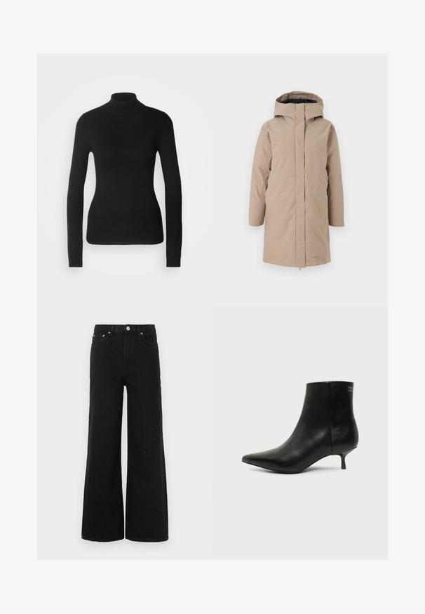 Beige lang parka med hætte, der har et enkelt design, fuld frontlynlås og en glat tekstur. Velegnet til koldt vejr.; Sort turtleneck sweater lavet af let strikket stof. Har lange ærmer, et tætsiddende design og en blød ribbet tekstur.; Sorte jeans med vide ben lavet af denim; har høj talje, forlommer og knaplukning. Ingen synlige mønstre eller pynt.; Sort læder ankelstøvle med spids tå og lav kitten hæl på lys baggrund, der viser yderside.