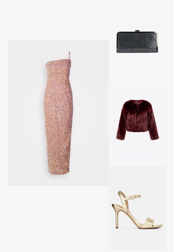 Bordeaux nepbont cropped jacket met lange mouwen, zachte textuur en geen zichtbare sluitingen. Heeft een ronde halslijn en een pluche uitstraling.; Mouwloze, aansluitende midi-jurk in lichtroze, versierd met pailletten voor textuur en glans. Slanke silhouet met een rechte halslijn.; Gouden metallic, gestrikte hoge hak sandaal met een gesp sluiting, open teen en een gladde textuur. Kenmerkt zich door een slanke, puntige hak.; Rechthoekige zwarte clutch tas bedekt met kleine glanzende kralen en een zilverkleurig metalen frame en sluiting bovenaan.
