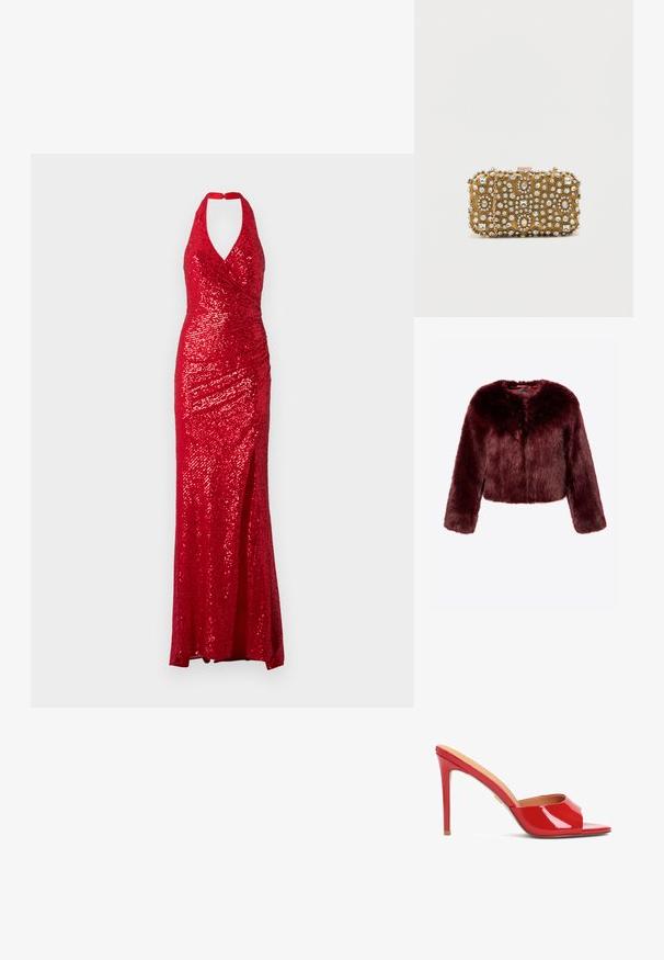 Chaqueta corta de pelo sintético burdeos con mangas largas, textura suave y sin cierres visibles. Presenta un escote redondeado y una apariencia esponjosa.; Vestido de lentejuelas rojas con escote halter, corsé ajustado y una abertura lateral. La tela tiene una textura brillante con un diseño drapeado.; Mule abierto de charol rojo con un diseño elegante, tacón de aguja alto y un sutil detalle de corte en el empeine.; Clutch dorado con intrincados adornos de cuentas y strass. Forma rectangular, cierre de broche y asa de cadena desmontable.