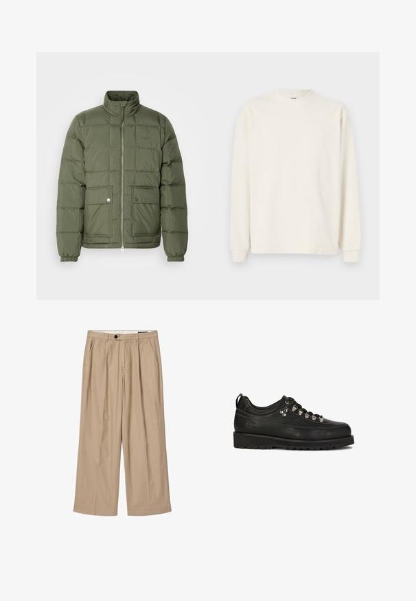 Grüne Daunenjacke mit hohem Kragen, gestepptem Design, zwei frontalen Taschen und silbernen Details. Verfügt über elastische Bündchen und Saum.; Langarm, geripptes Strickoberteil in Off-White mit Rundhalsausschnitt und enganliegenden Bündchen, das eine lockere Silhouette bietet.; Beige Hose mit weitem Bein, Vorderfalten, seitlichen Taschen, Gürtelschlaufen und einem schwarzen Knopfverschluss in der Taille.; Kazar Studio KS BLAISE - Sportlicher Schnürer - black