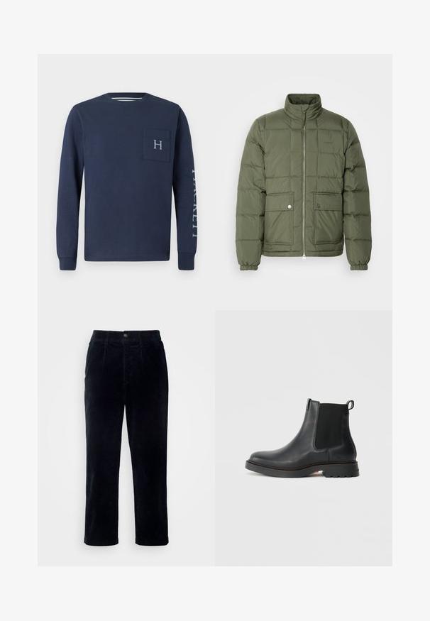 Groene gewatteerde jas met hoge kraag, gestikt ontwerp, twee voorzakken en zilverkleurige hardware. Beschikt over elastische manchetten en zoom.; Marineblauwe longsleeve shirt van katoen, met een borstzak met een "H" logo en de tekst "HACKETT" gedrukt op de linkermouw.; Donkerblauwe corduroy broek met een rechte pijpdesign, voorzien van een knoopsluiting en subtiele verticale ribbelstructuur.; Zwarte leren Chelsea-boots met elastische zijpanelen, ronde neus, getextureerde rubberen zool en een achterkant met trekhaak voor gemakkelijke dressing.