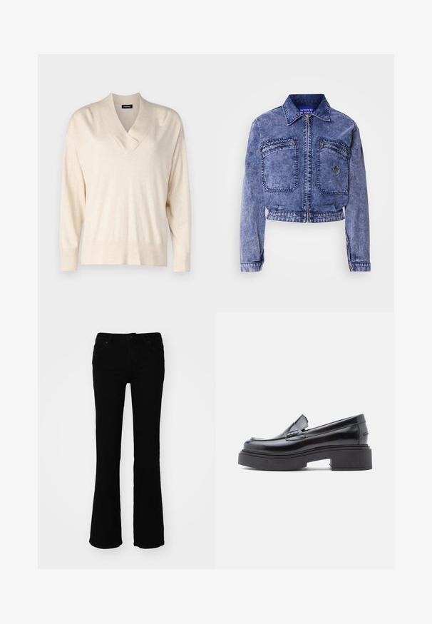 Veste en denim bleu clair avec un design court, deux poches avant, fermeture éclair métallique et détails de couture contrastants.; Pull beige avec un col en V et des manches longues. Fabriqué en tissu doux et léger. Présente une coupe décontractée et des poignets et un ourlet côtelés.; Jeans évasés noirs en denim, avec une taille mi-haute, cinq poches et des détails de surpiqûres subtils sur les poches arrière.; Mocassins en cuir noir avec un bout arrondi, dotés d'une semelle plateforme surélevée et d'une simple sangle décorative sur le dessus. Fini lisse.