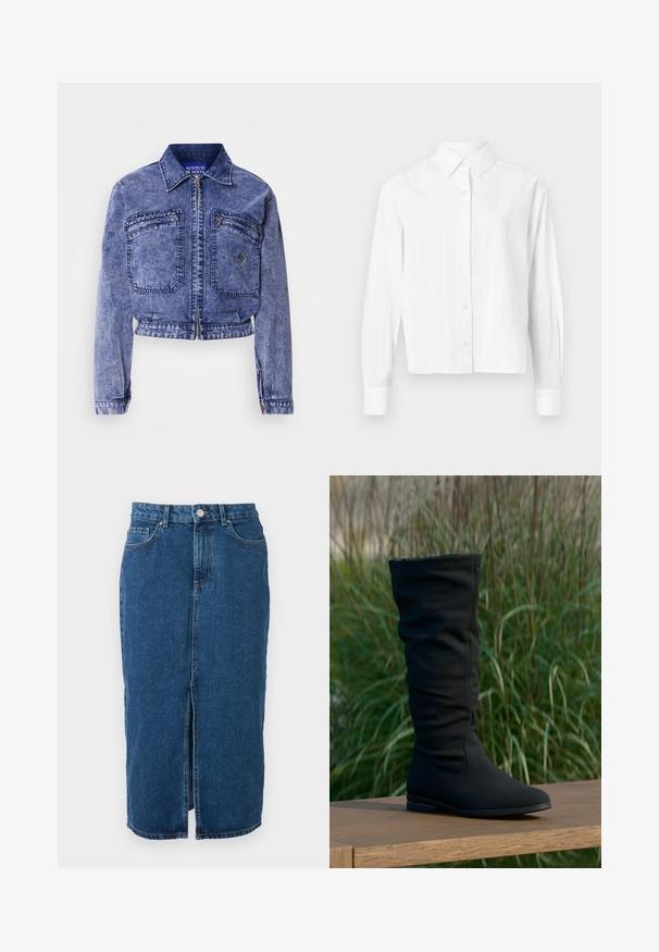 Jeansjacke in Hellblau mit einem cropped Design, zwei Vordertaschen, metallischem Reißverschluss und kontrastierenden Steppnähten.; Weißes Hemd mit Knopfleiste aus leichtem Stoff. Mit langen Ärmeln, klassischem Kragen und dezenten vertikalen Streifen. Kurz geschnittenes Design.; Midilanger blauer Denimrock mit mittigem Frontschlitz, Gürtelschlaufen, Vordertaschen und Knopfverschluss in der Taille.; Schwarzer kniehoher Stiefel aus weichem Stoff mit schlabberndem Design, spitz zulaufender Schuhspitze und flacher Sohle, vor einem grasbewachsenen Hintergrund.
