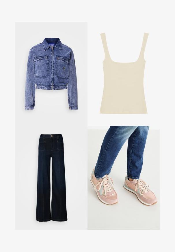 Denimjakke i lys blå med cropped design, to forlommer, metallisk lynlås og kontrasterende syninger.; Ribbet tanktop i lys beige med firkantet halsudskæring og tynde skulderstropper, lavet af blødt og strækbart stof.; Bredde ben denimjeans i mørkeblå. Har forlommer, guldfarvet hardware og kontrasterende syninger. Glat tekstur med et afslappet design.; Lyserøde sneakers lavet af ruskind og læder, med lyseblå accenter, rund tå og hvide gummisåler. Snørebåndene er beige.