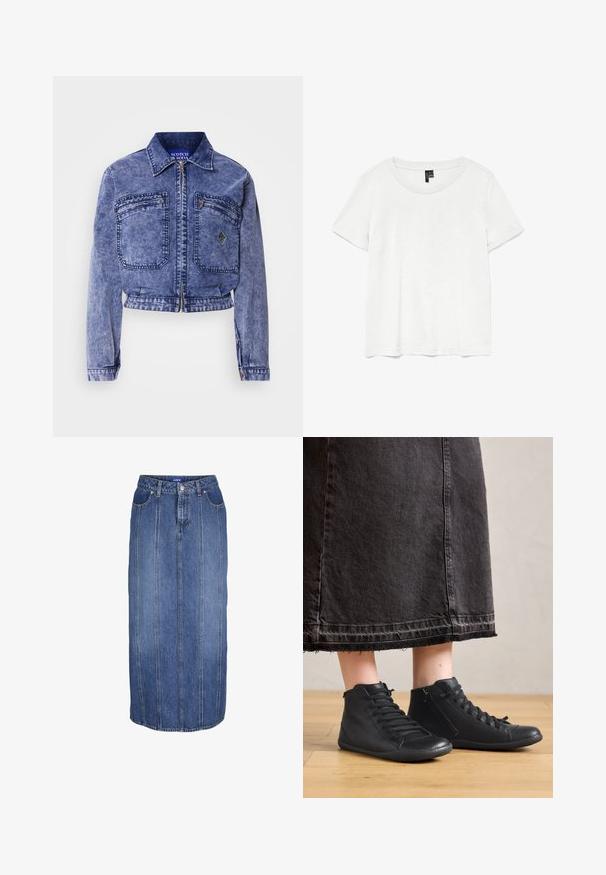 Denimjakke i lys blå med cropped design, to forlommer, metallisk lynlås og kontrasterende syninger.; Hvid kortærmet t-shirt med rund halsudskæring, lavet af letvægtsstof. Enkel design, glat tekstur og lige kant.; Blå denim midi-nederdel med lodrette syninger, knap- og lynlås foran, bæltestropper og forlommer.; Sorte læder høje sko med en glat overflade, der har snørebånd og en sidezipper. Båret med en lang sort denimnederdel.