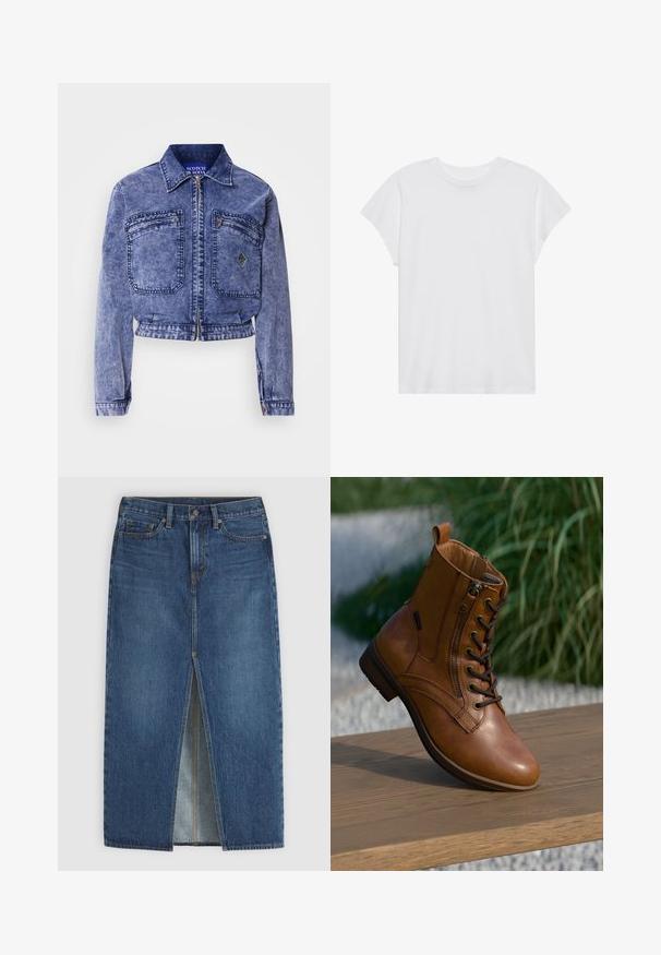 Denimjakke i lys blå med cropped design, to forlommer, metallisk lynlås og kontrasterende syninger.; Hvid kortærmet t-shirt med rund hals, afslappet pasform, lavet af blødt bomuldsstof. Glat tekstur, ingen mønstre eller logoer.; Blå denim midinederdel med front central slids, bæltestropper, knaplukning og fem-lomme styling.; Brun læderankelstøvle med lynlås på siden og snørebånd, placeret på en træoverflade udendørs med sløret grønt område i baggrunden.