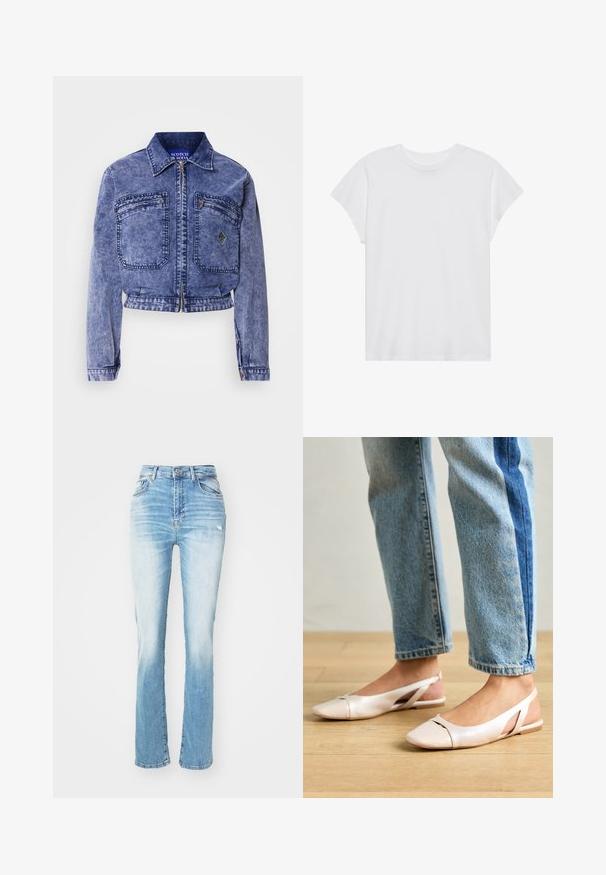 Veste en denim bleu clair avec un design court, deux poches avant, fermeture éclair métallique et détails de couture contrastants.; T-shirt blanc à manches courtes, col rond, coupe décontractée, en tissu de coton doux. Texture lisse, sans motifs ni logos.; Jean en denim bleu clair avec une taille haute, coupe droite, un léger délavage et un style classique à cinq poches. Accents usés présents.; Ballerines slingback rose pâle avec un bout pointu, fabriquées en un matériau semblable au cuir lisse. Présentent des découpes sur les côtés et un talon plat.