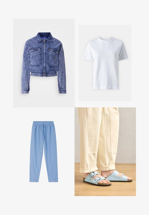 Leren spijkerjack in lichtblauw met een cropped ontwerp, twee voorzakken, metalen rits en contrasterende stiksels.; Witte katoen t-shirt met een ronde hals, korte mouwen, een rechte snit en een gladde textuur. Geen patronen of versieringen.; Blauw-witte verticale gestreepte broek met elastische tailleband en trekkoord, plat neergelegd op een witte achtergrond.; Lichtblauwe open-toe sandalen met dubbele gespen, kurken voetbed en zwarte rubberen zool, gedragen bij crèmekleurige wijde broek.
