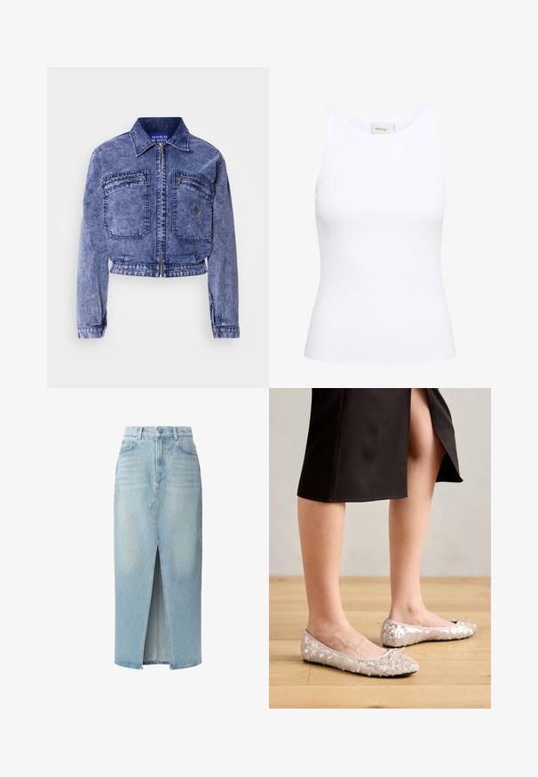 Leren spijkerjack in lichtblauw met een cropped ontwerp, twee voorzakken, metalen rits en contrasterende stiksels.; Witte geribde tanktop met een ronde halslijn en zonder mouwen. Rekbaar materiaal en een aansluitend ontwerp. Het label op de achterkant zegt "GESTUZ."; Lichtblauwe denimrok met een voorknijp, vijf zakken en riemlussen. Gemaakt van katoen met een soepele textuur en een lichte vervaging.; Beige sequined balletschoenen met een ronde neus, voorzien van een strikaccent, gecombineerd met een zwarte rok, gepresenteerd op een houten vloer.
