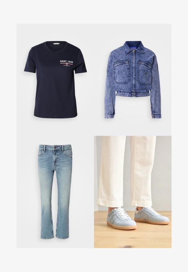 Leren spijkerjack in lichtblauw met een cropped ontwerp, twee voorzakken, metalen rits en contrasterende stiksels.; Donkerblauwe katoenen T-shirt met V-hals, korte mouwen, met witte en rode logotekst "GANT 1949" en designelementen op de linkerkant van de borst.; Lichtblauwe denim jeans met een rechte pijpdesign, voorzien van een knoopsluiting, vijf zakken en vervaagde gebieden voor een versleten effect.; Lichtblauwe suede sneakers met witte veters en een beige hak, voorzien van contrasterende zijstrepen en een rubberen zool, gedragen met witte corduroy broeken.