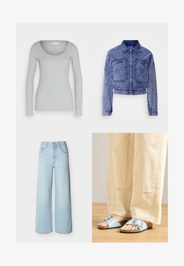 Denimjakke i lys blå med cropped design, to forlommer, metallisk lynlås og kontrasterende syninger.; Langærmet grå top lavet af blødt, tekstureret stof. Har en rund halsudskæring og tre funktionelle knapper i midten foran.; Lyseblå vidbenede jeans med forreste knap- og lynlås-lukning, bæltestropper og klassisk design med fem lommer.; Lysblå strandsandaler med en bred rem og sølvspænde, der har en tekstureret kork-sål og en sort gummiydersål.