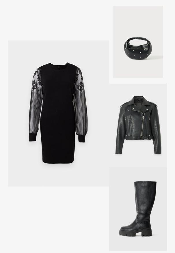Schwarze Leder-Bikerjacke mit strukturierter Oberfläche, asymmetrischem Reißverschluss, Schulterklappen, Reißverschlusstaschen und Taillengürtel.; Schwarzes Kleid mit rundem Ausschnitt und langen, durchsichtigen, gestreiften Ärmeln, die mit floralen Spitzeakzenten versehen sind. Figurbetonter Schnitt, knielanger Saum.; Schwarze kniehohe Stiefel aus glattem Leder mit einer dicken, strukturierten Sohle und dezenten Nahtdetails an der Außenseite.; Schwarze Lederhandtasche mit abgerundeter Form, verziert mit silbernen Nietenakzenten und kurzem Griff. Glatte Struktur und Reißverschlussverschluss.