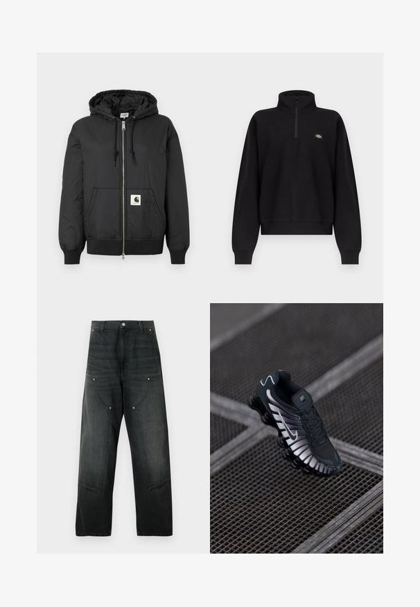 Zwarte hoodiejack met een ritssluiting aan de voorkant, ribbels aan de manchetten en onderrand, en een vierkant logo-patch op de onderzijde van de voorkant. Gemaakt van lichte, gladde stof.; Zwarte pullover met lange mouwen, een korte ritssluiting bij de kraag en een klein meerkleurig logo op de linkerborst, met geribbelde manchetten en zoom.; Zwarte wijde denimbroek met hoge taille, knoopsluiting, riemlussen, oversized voorzakken met klinknageldetails.; Zwarte sportschoen met een geprofileerde bovenkant van mesh, zilveren accenten, ondersteuning voor de voetenboog en een gevoerde zool met een duidelijk gesegmenteerd ontwerp.