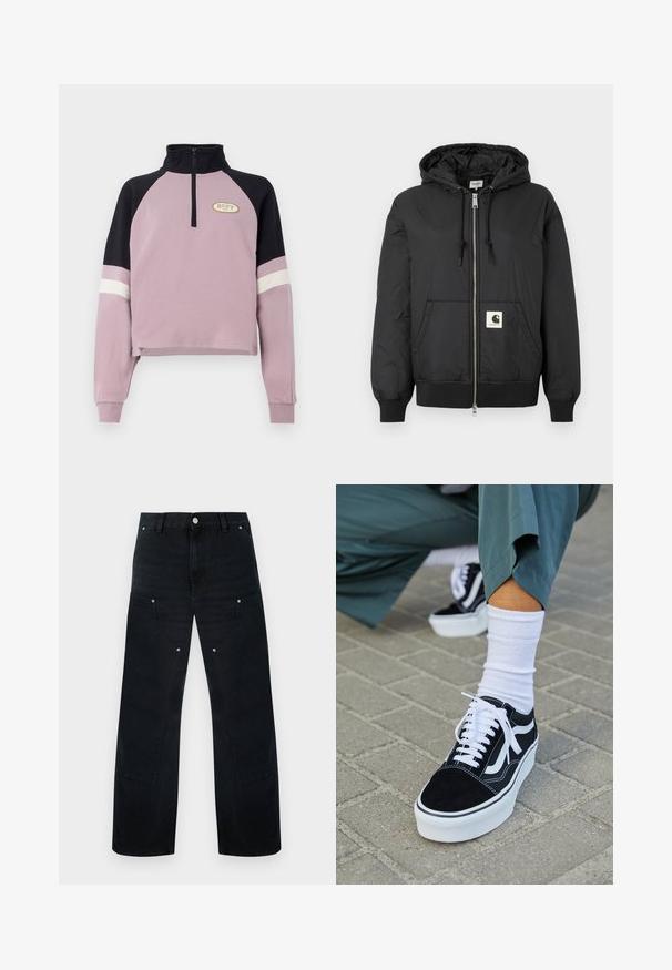 Schwarze Kapuzenjacke mit Reißverschluss, gerippten Bündchen und Saum sowie einem quadratischen Logo-Patch auf der unteren Vorderseite. Hergestellt aus leichtem, glattem Material.; Lila kurzer Pullover mit schwarzem Kragen und Ärmeldetails. Mit einem halben Reißverschluss und dem goldenen Roxy-Logo auf der Brust. Weiche Textur.; Schwarze Jeans mit weitem Bein und hohem Bund, ausgestattet mit dezenten Nähten, zwei Vordertaschen und Metallbeschlägen.; Schwarze Wildledersneaker mit weißen Akzenten und Schnürsenkeln, ausgestattet mit einer dicken weißen Sohle und kontrastierenden Nähten, kombiniert mit einer weißen Socke.