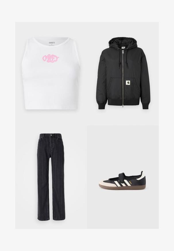 Schwarze Kapuzenjacke mit Reißverschluss, gerippten Bündchen und Saum sowie einem quadratischen Logo-Patch auf der unteren Vorderseite. Hergestellt aus leichtem, glattem Material.; Weißes, geripptes Crop-Top mit einem rosa "OBEY"-Logo in der Mitte. Mit rundem Ausschnitt und ärmellosem Design.; Hoch taillierte schwarze Denim-Jeans mit vertikalem Streifenmuster, geradem Bein und metallischem Knopfverschluss vorne.; Schwarzer und beiger Sneaker mit Klettverschluss, drei weißen Streifen an der Seite und einer strukturierten braunen Gummisohle. Markenlogo sichtbar.